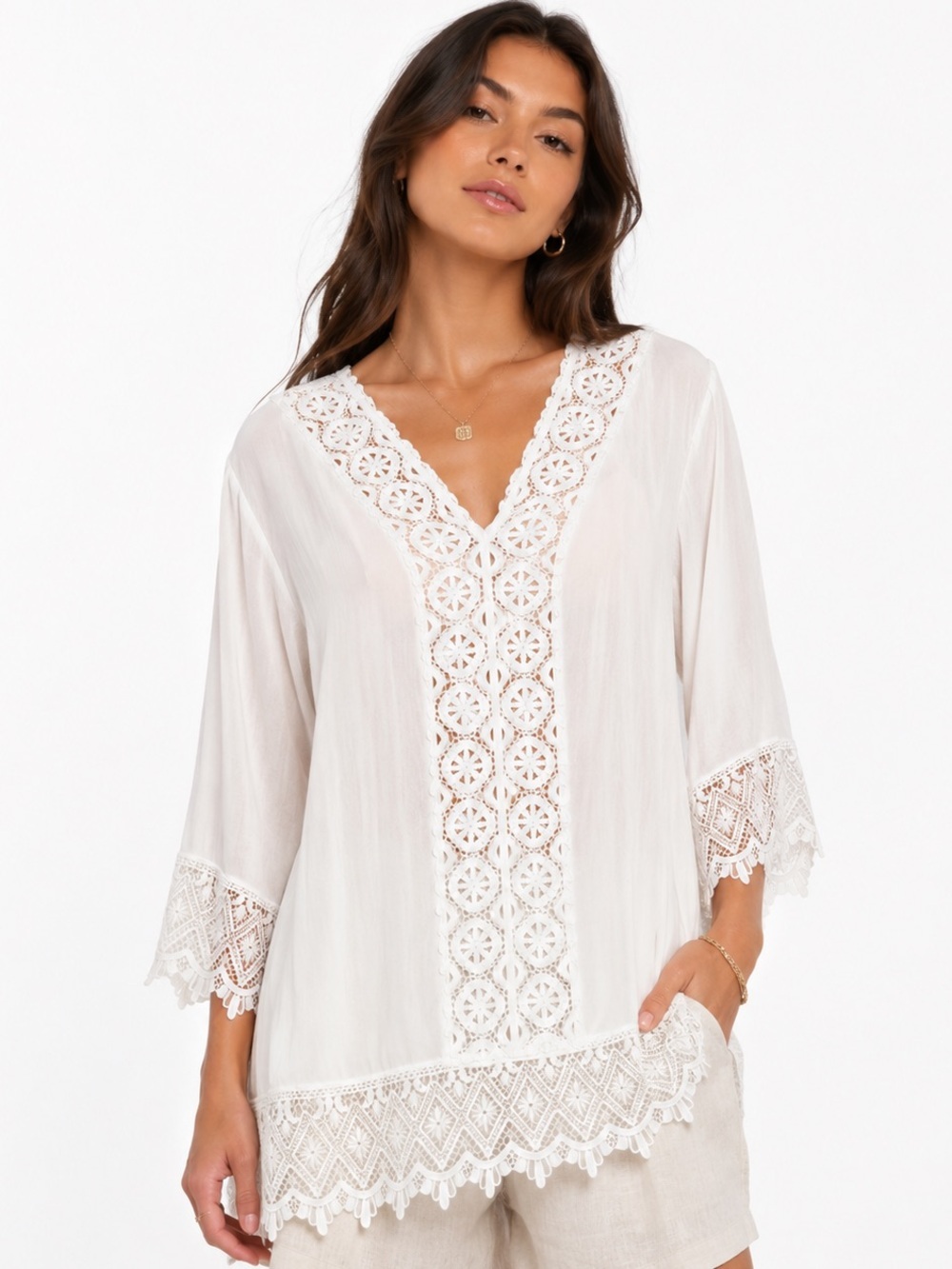 Solitaire Swim Women’s Lace Coverup Blouse Top Boho White Cream‎ Size L